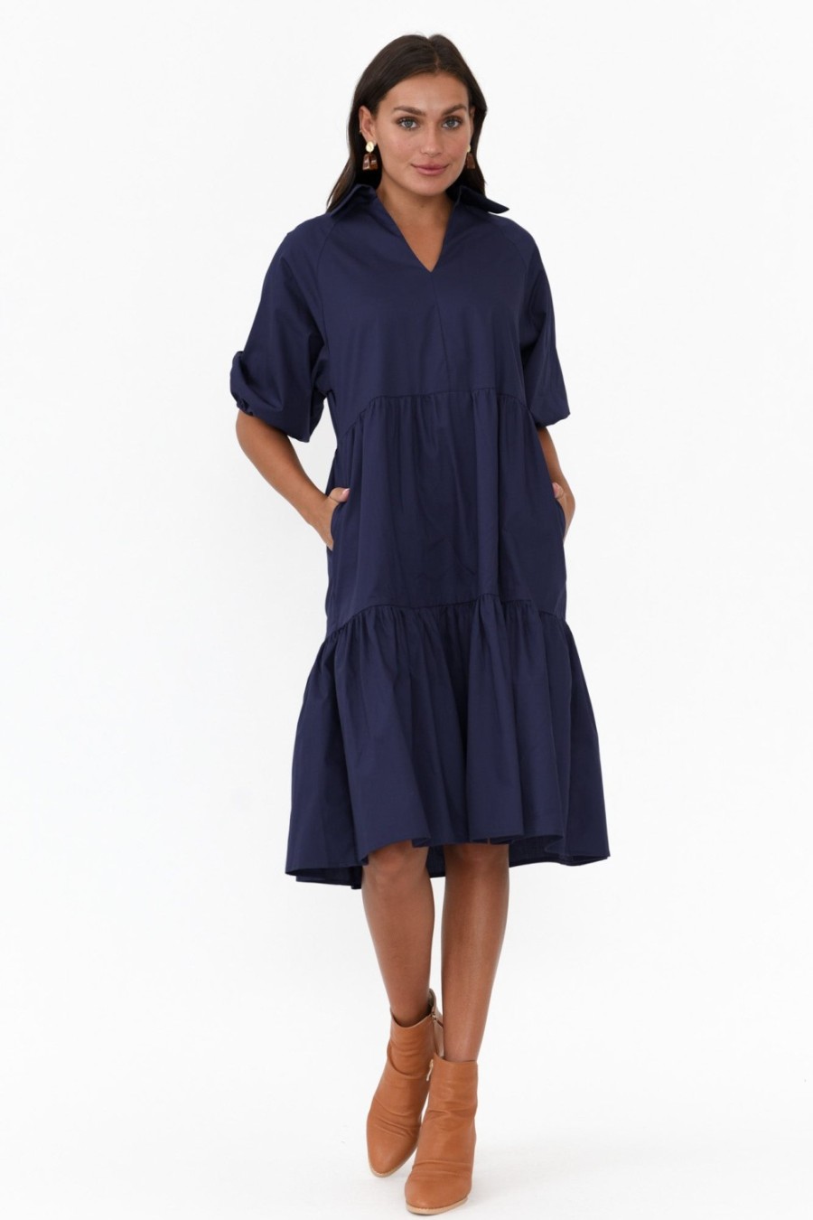 Clothing Worthier Cotton Dresses | Cecelia Navy Cotton Poplin Tiered Dress