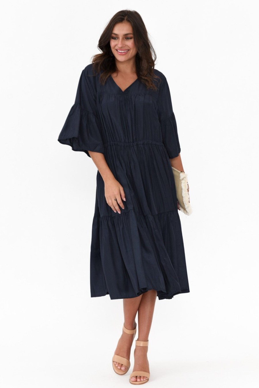 Clothing Worthier Cotton Dresses | Hope Navy Tiered Midi Dress