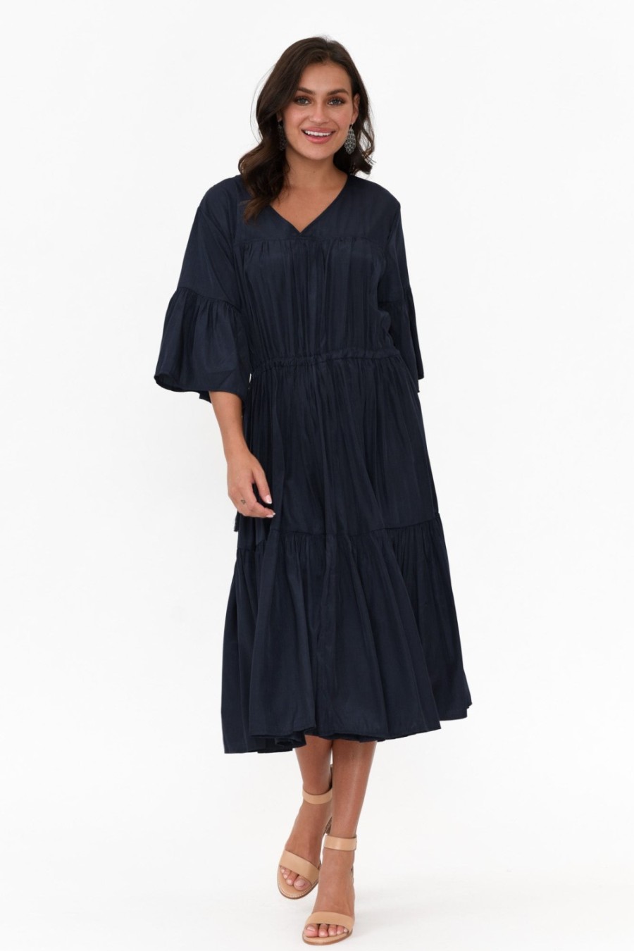 Clothing Worthier Cotton Dresses | Hope Navy Tiered Midi Dress