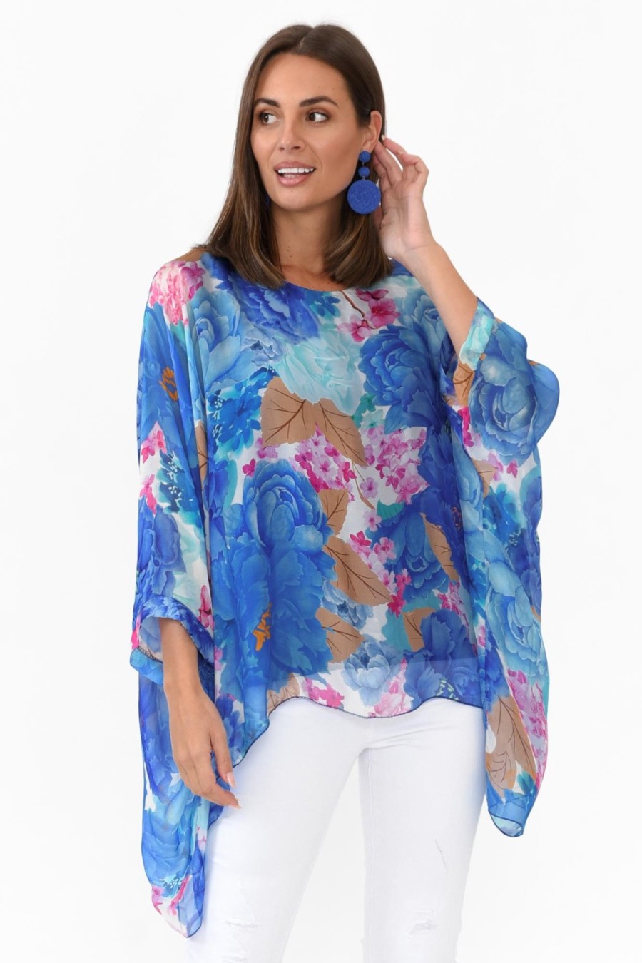 Clothing La Strada Sleeved Tops | Trevino Cobalt Flower Silk Overlay Top