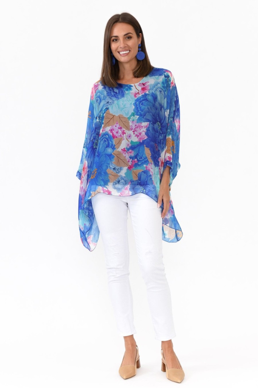 Clothing La Strada Sleeved Tops | Trevino Cobalt Flower Silk Overlay Top