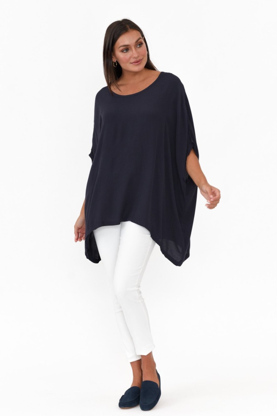 Clothing Boho Sleeved Tops | Navy Drape Top