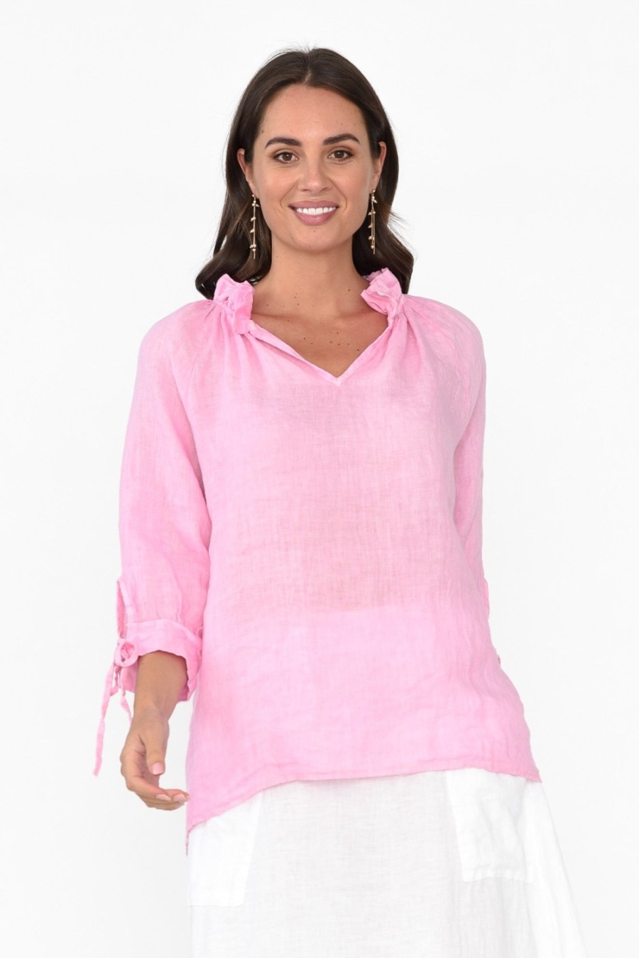 Clothing La Strada Linen Tops | Francisco Pink Linen Frill Top