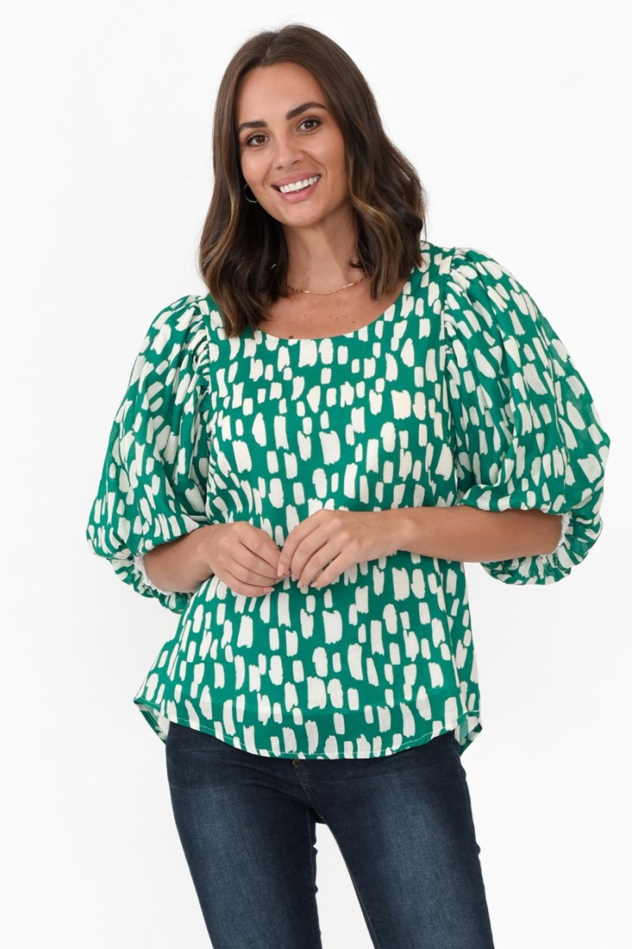 Clothing New U Collection Sleeved Tops | Amsterdam Green Fleck Puff Sleeve Top