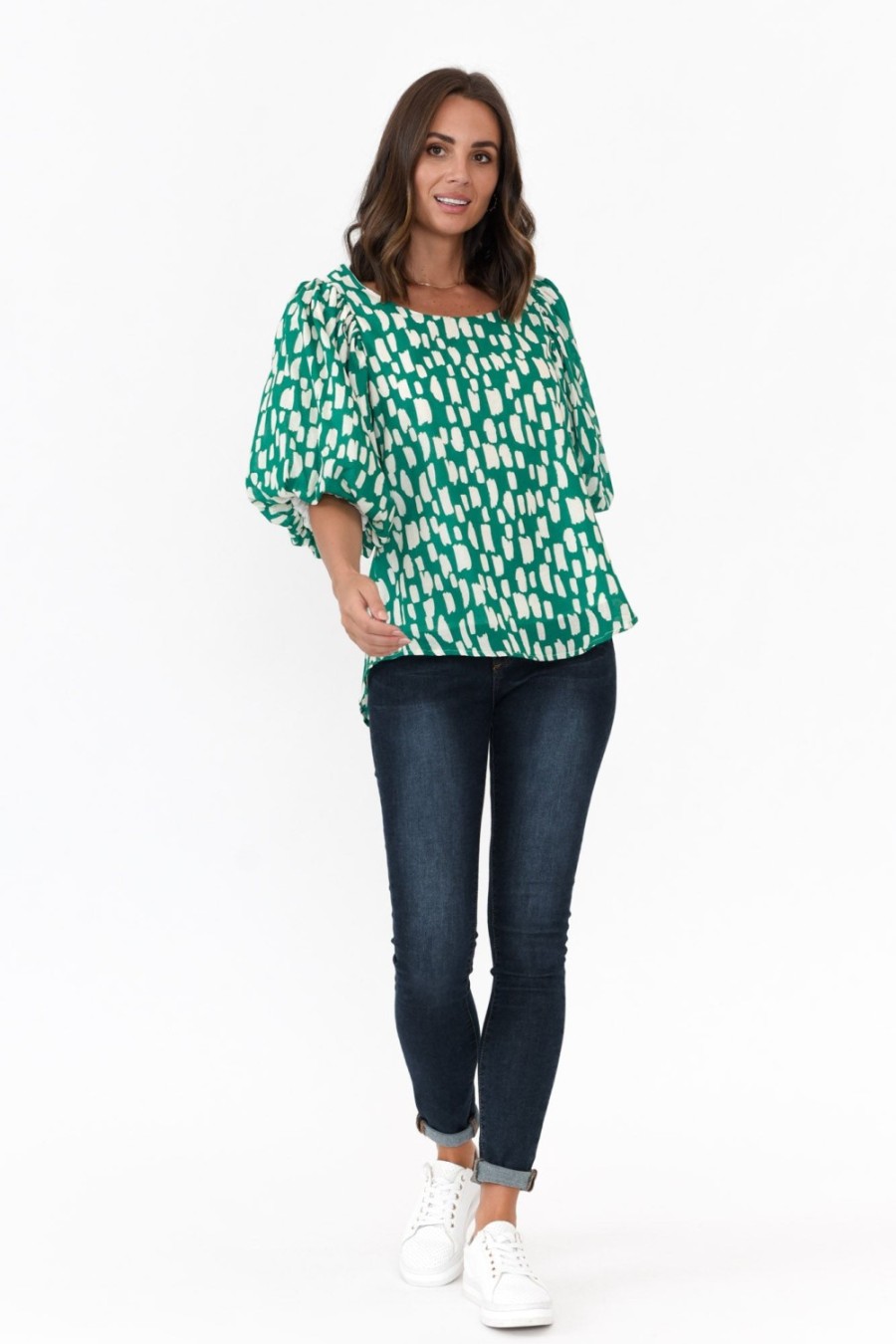 Clothing New U Collection Sleeved Tops | Amsterdam Green Fleck Puff Sleeve Top