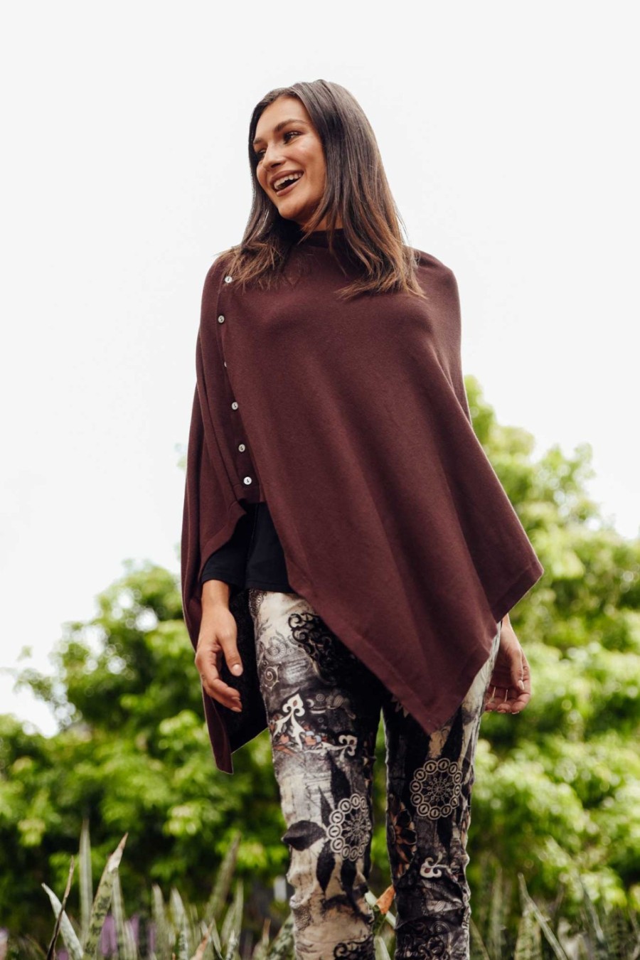 Clothing Tirelli Ponchos | Gisele Brown Button Up Poncho