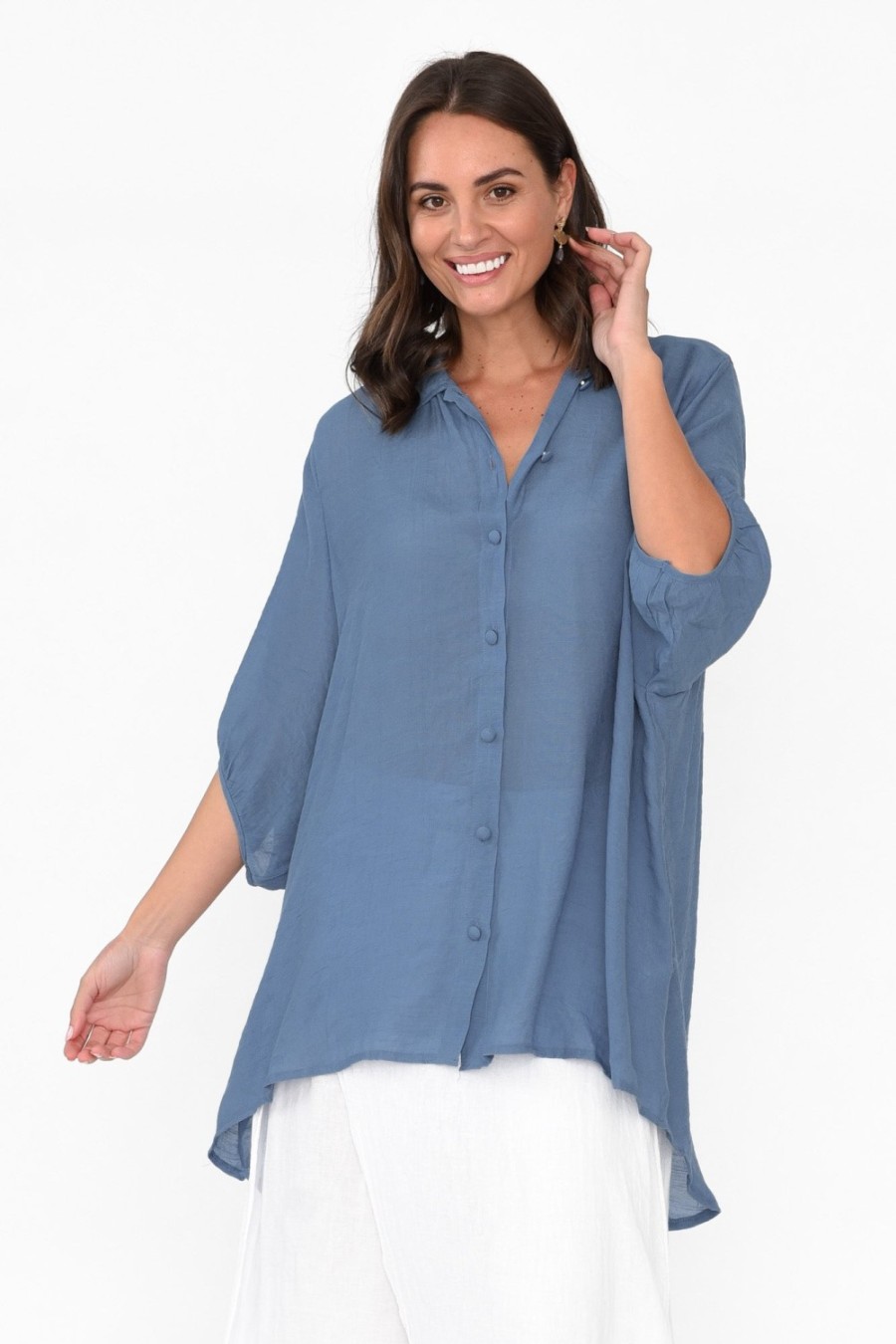 Clothing Cotton Village Cotton Tops | Blue Cotton Blend Hi Lo Shirt