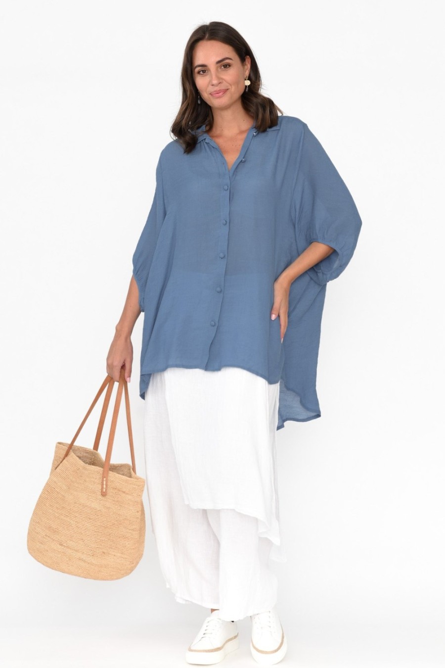 Clothing Cotton Village Cotton Tops | Blue Cotton Blend Hi Lo Shirt