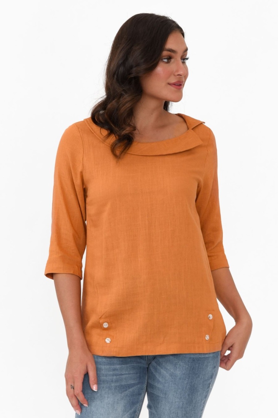 Clothing Hourglass Linen Tops | Alex Orange Linen Cotton Collared Top