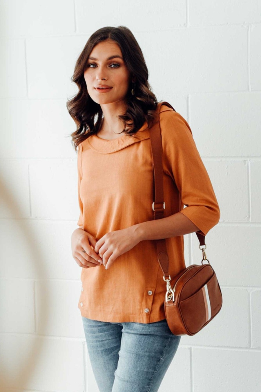 Clothing Hourglass Linen Tops | Alex Orange Linen Cotton Collared Top