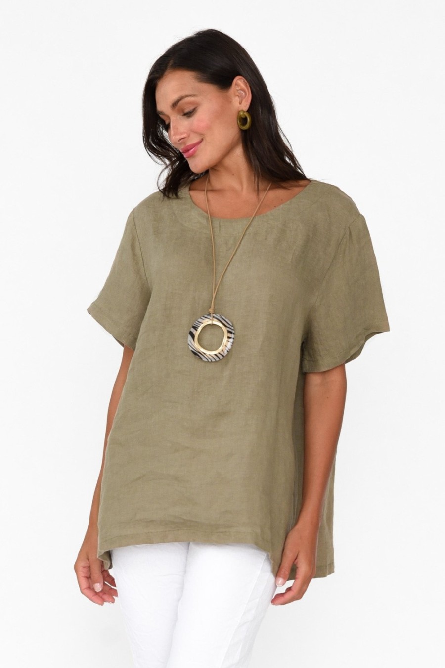 Clothing Cali and Co Linen Tops | Micah Khaki Linen Scoop Neck Top