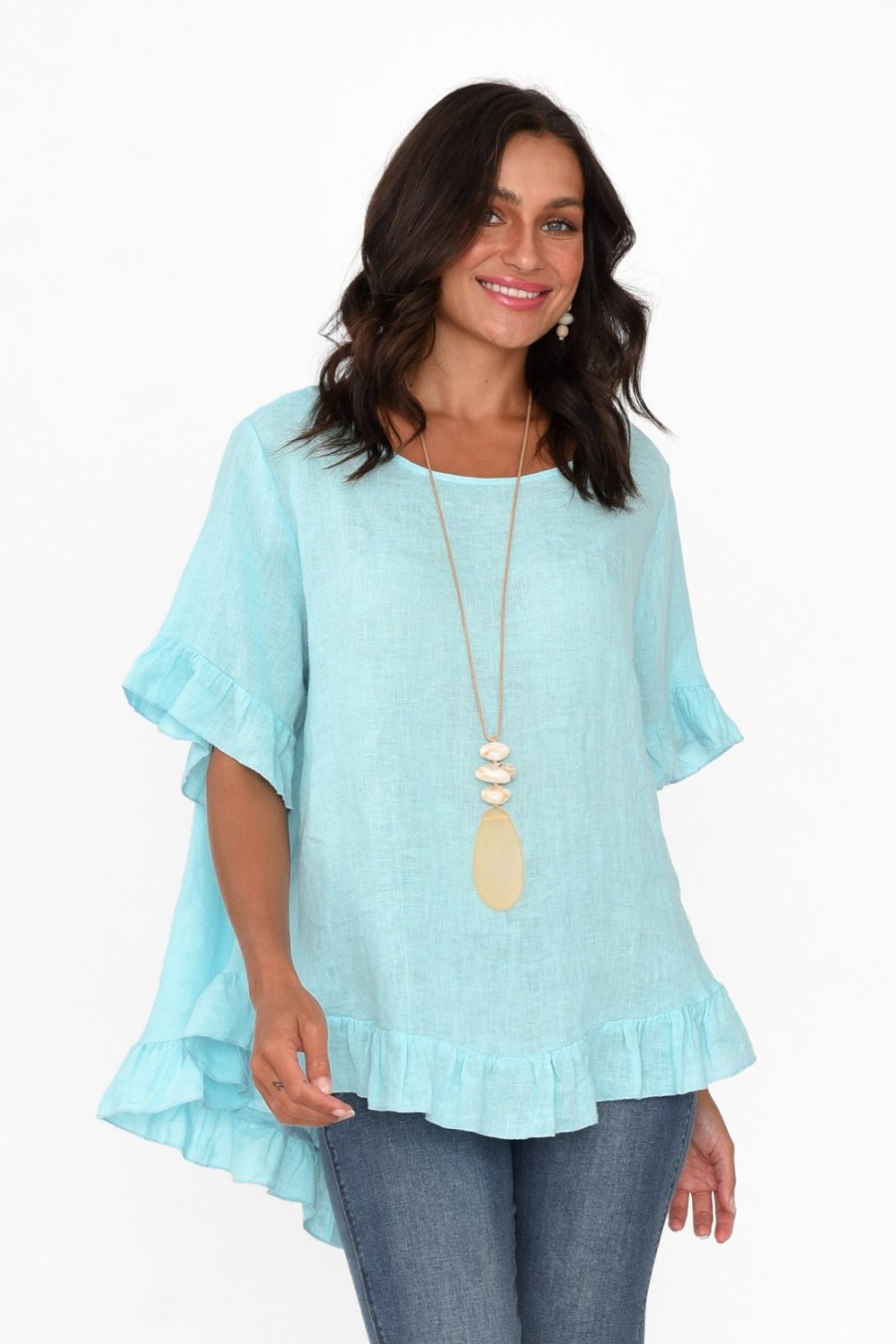 Clothing Cali and Co Sleeved Tops | Genevieve Aqua Linen Frill Top