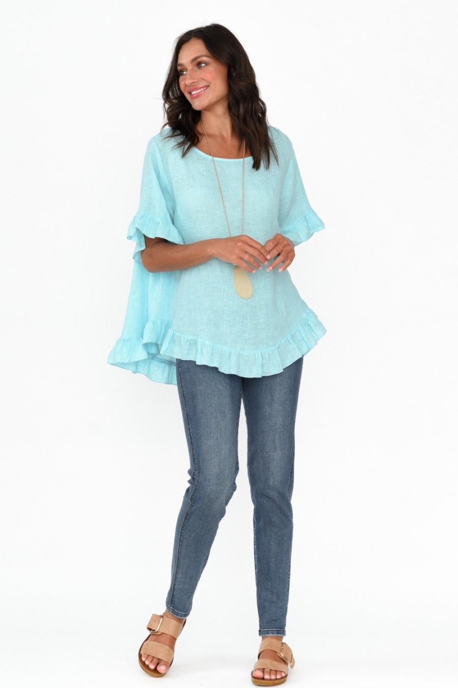 Clothing Cali and Co Sleeved Tops | Genevieve Aqua Linen Frill Top