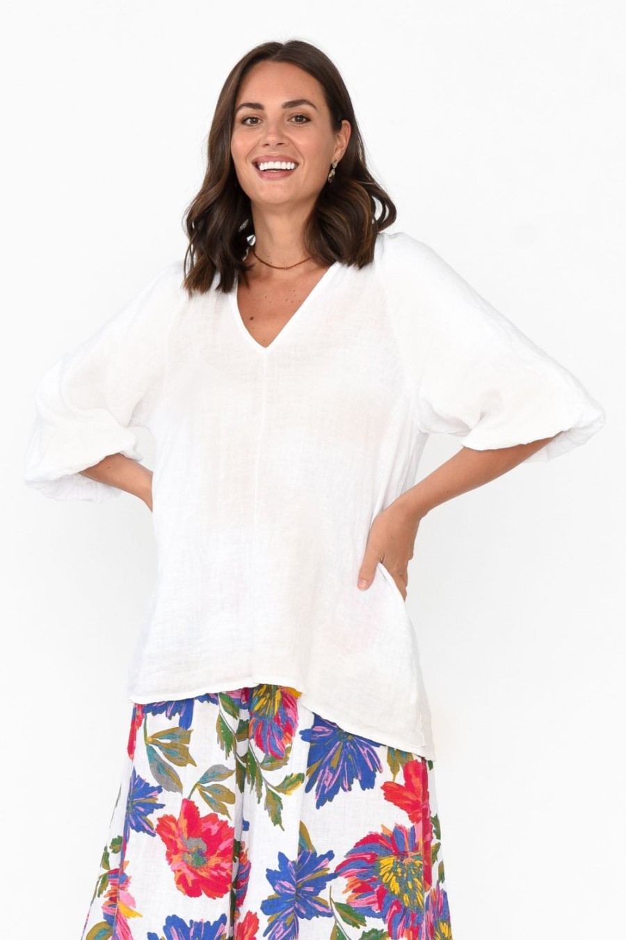 Clothing Donna Donna Linen Tops | Hiram White Linen Top