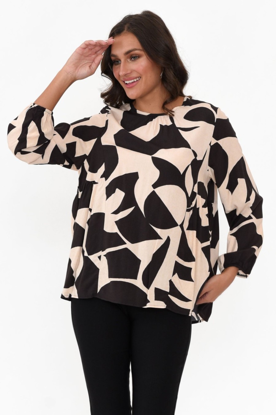 Clothing New U Collection Sleeved Tops | Bateman Black Abstract Panel Top