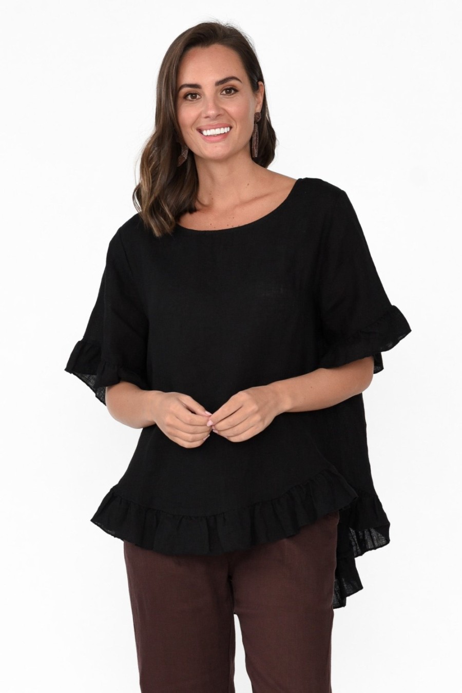 Clothing Cali and Co Linen Tops | Genevieve Black Linen Frill Top