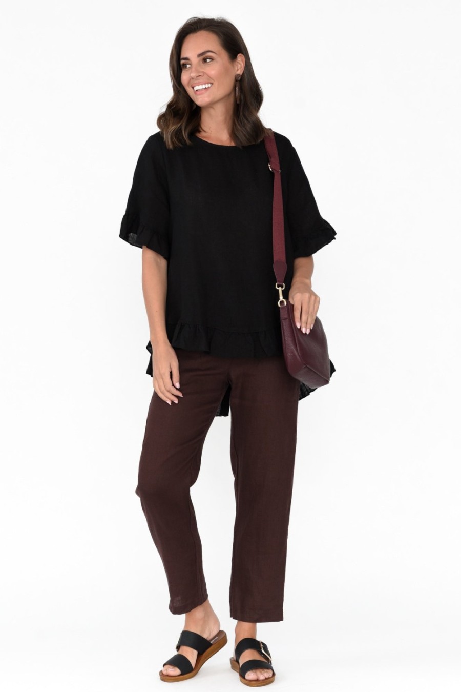 Clothing Cali and Co Linen Tops | Genevieve Black Linen Frill Top