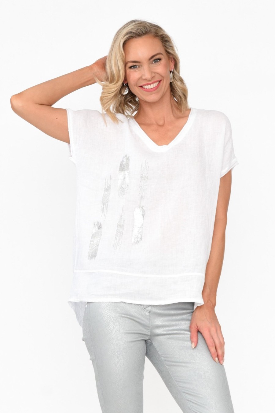 Clothing La Strada Linen Tops | Markie White Foil Linen Top