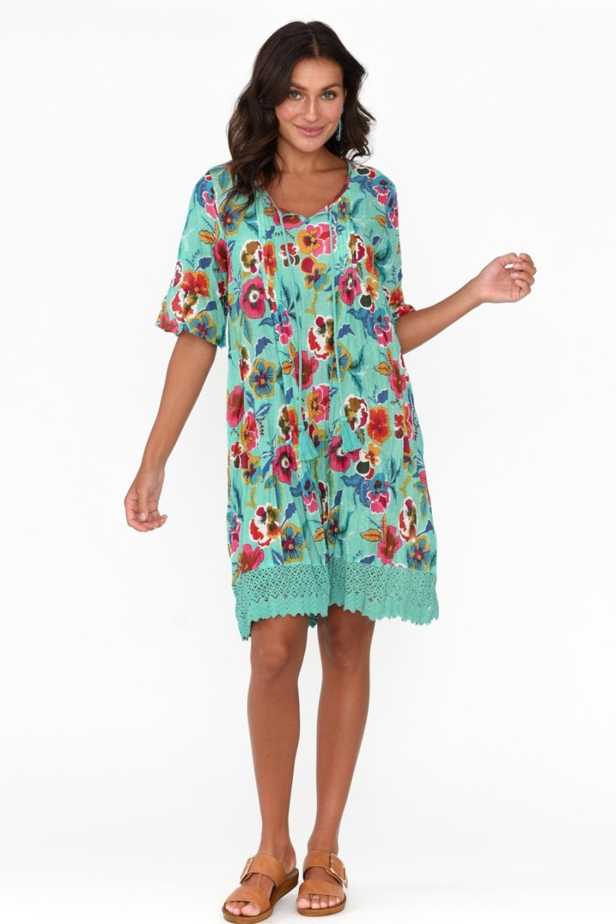 Clothing One Summer Cotton Dresses | Cayman Aqua Flower Cotton Tunic Dress