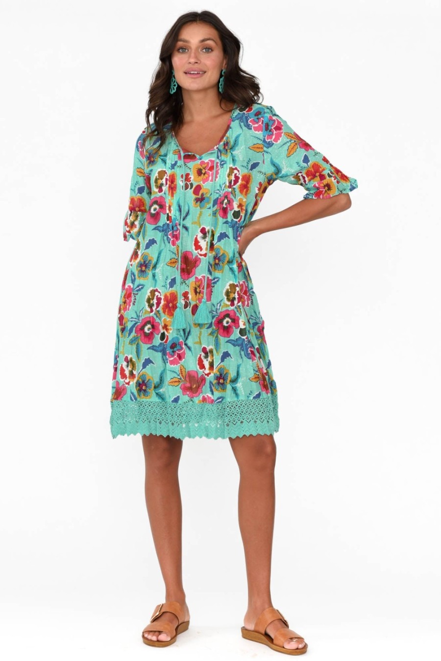 Clothing One Summer Cotton Dresses | Cayman Aqua Flower Cotton Tunic Dress