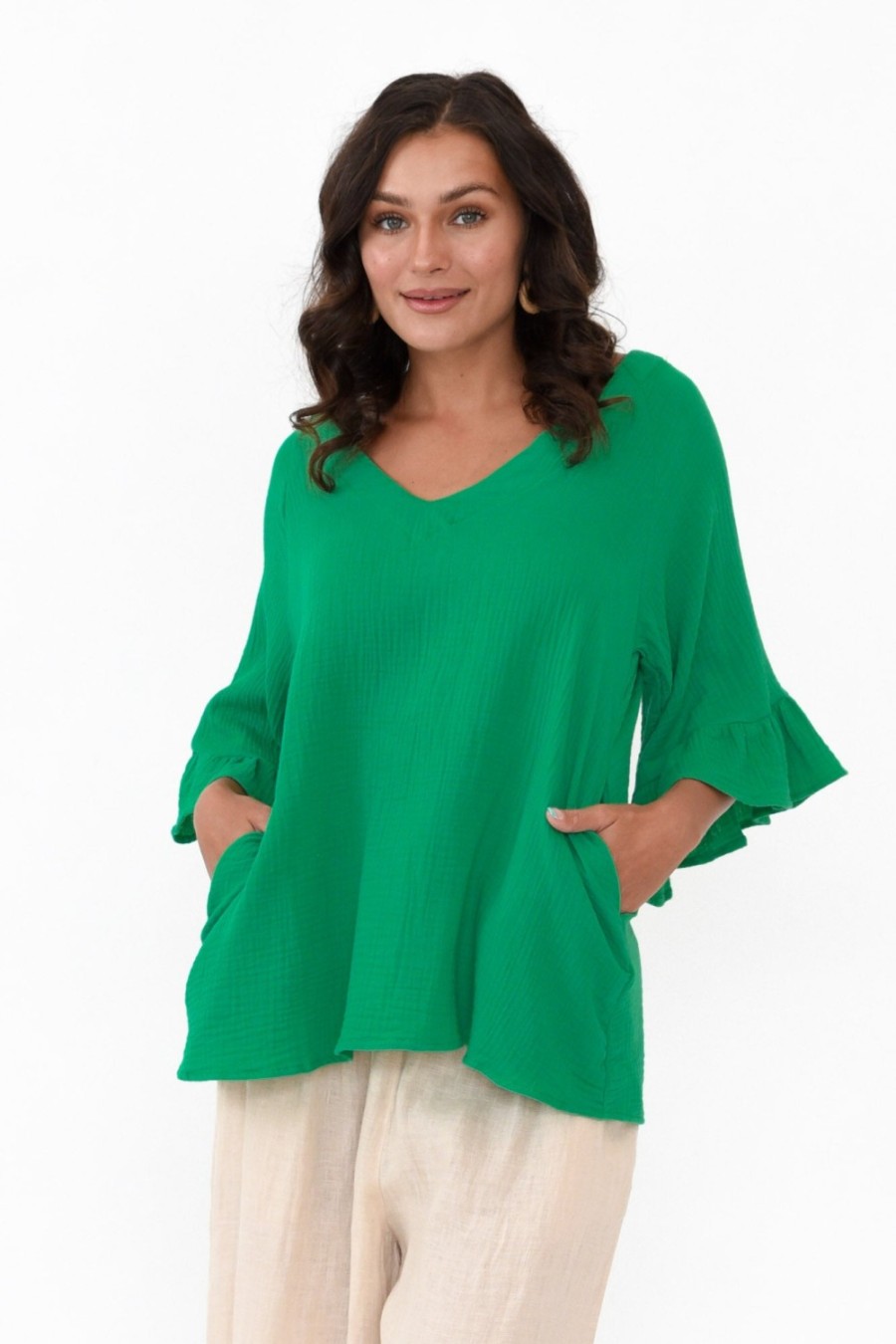 Clothing Hourglass Cotton Tops | Corey Green Crinkle Cotton Frill Top