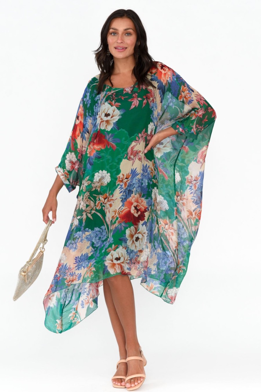 Clothing AE Luxe Below Knee Dresses | Marybeth Green Floral Silk Kaftan