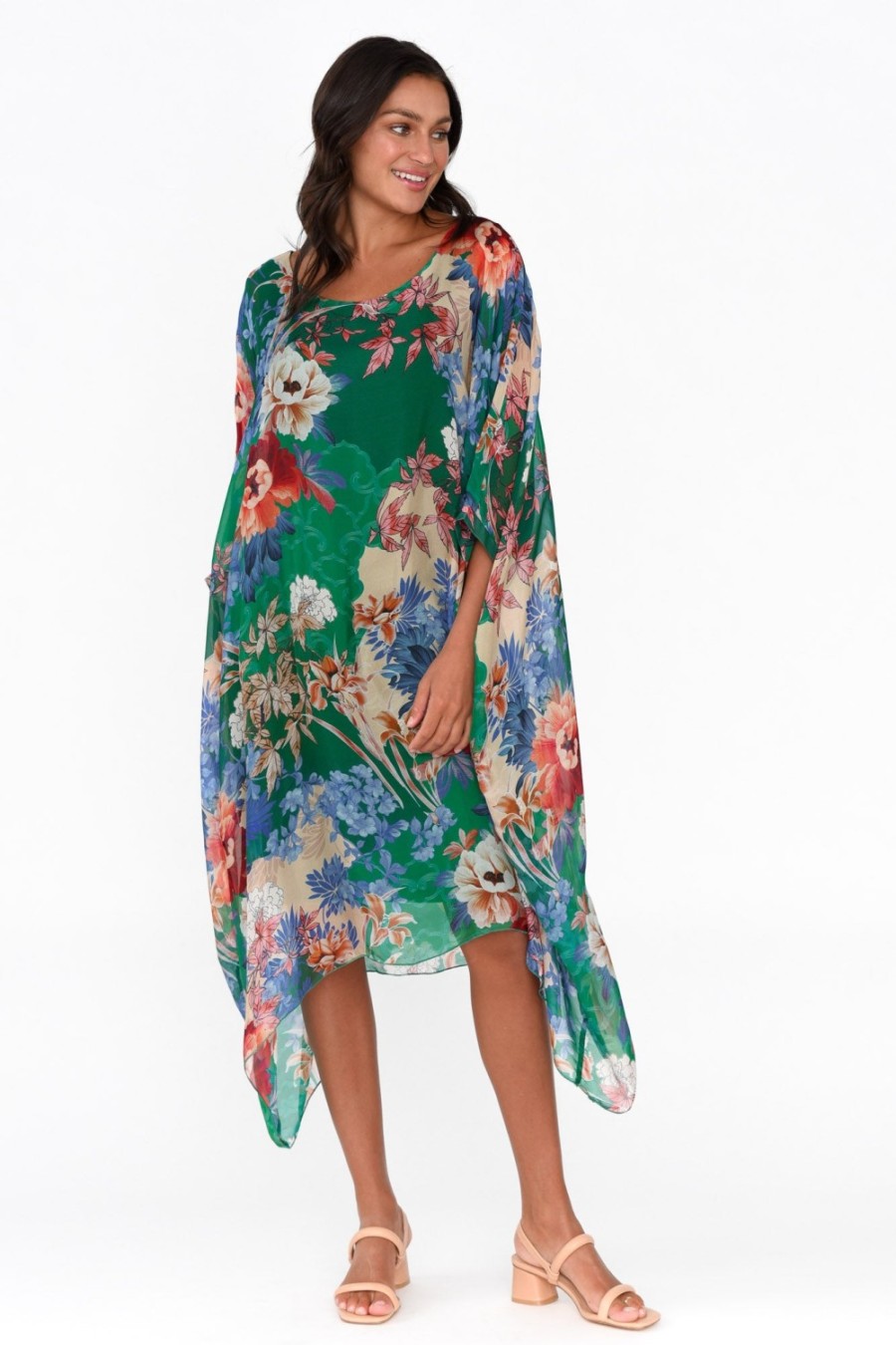 Clothing AE Luxe Below Knee Dresses | Marybeth Green Floral Silk Kaftan