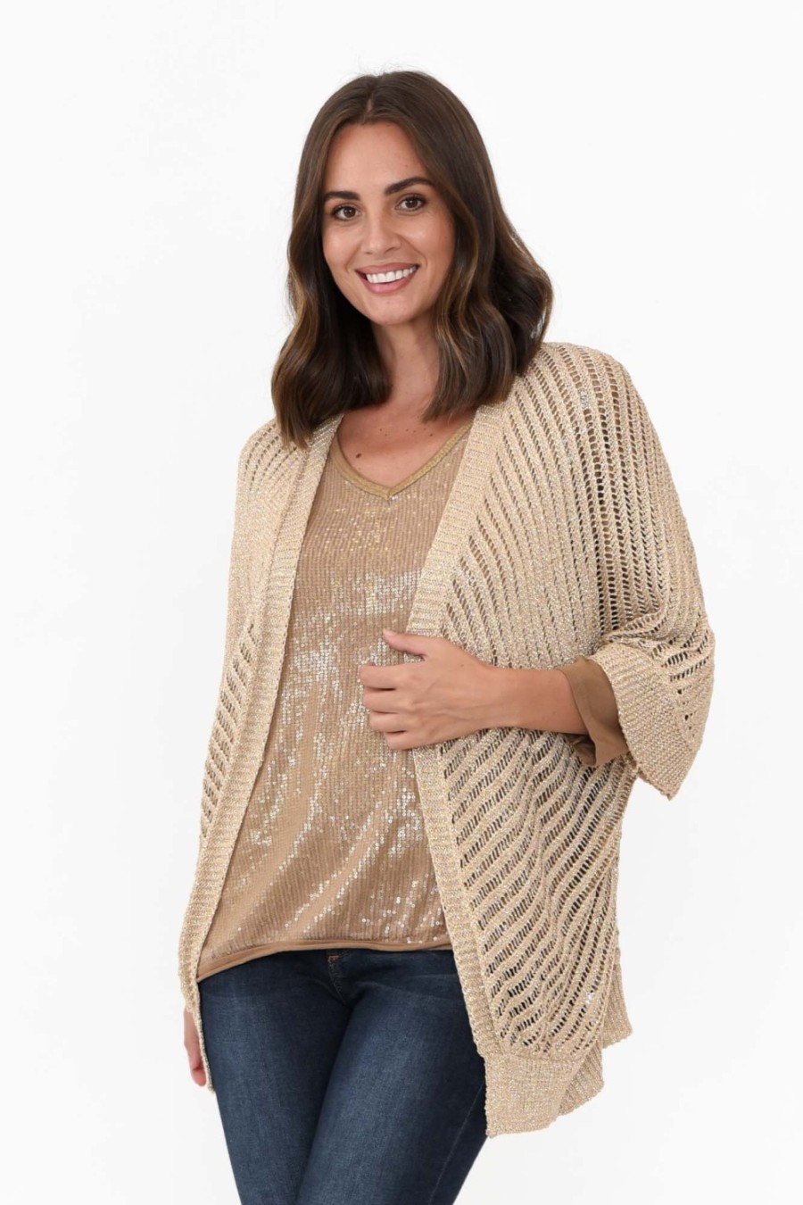 Clothing La Strada Cardigans | Duncan Gold Metallic Cardigan