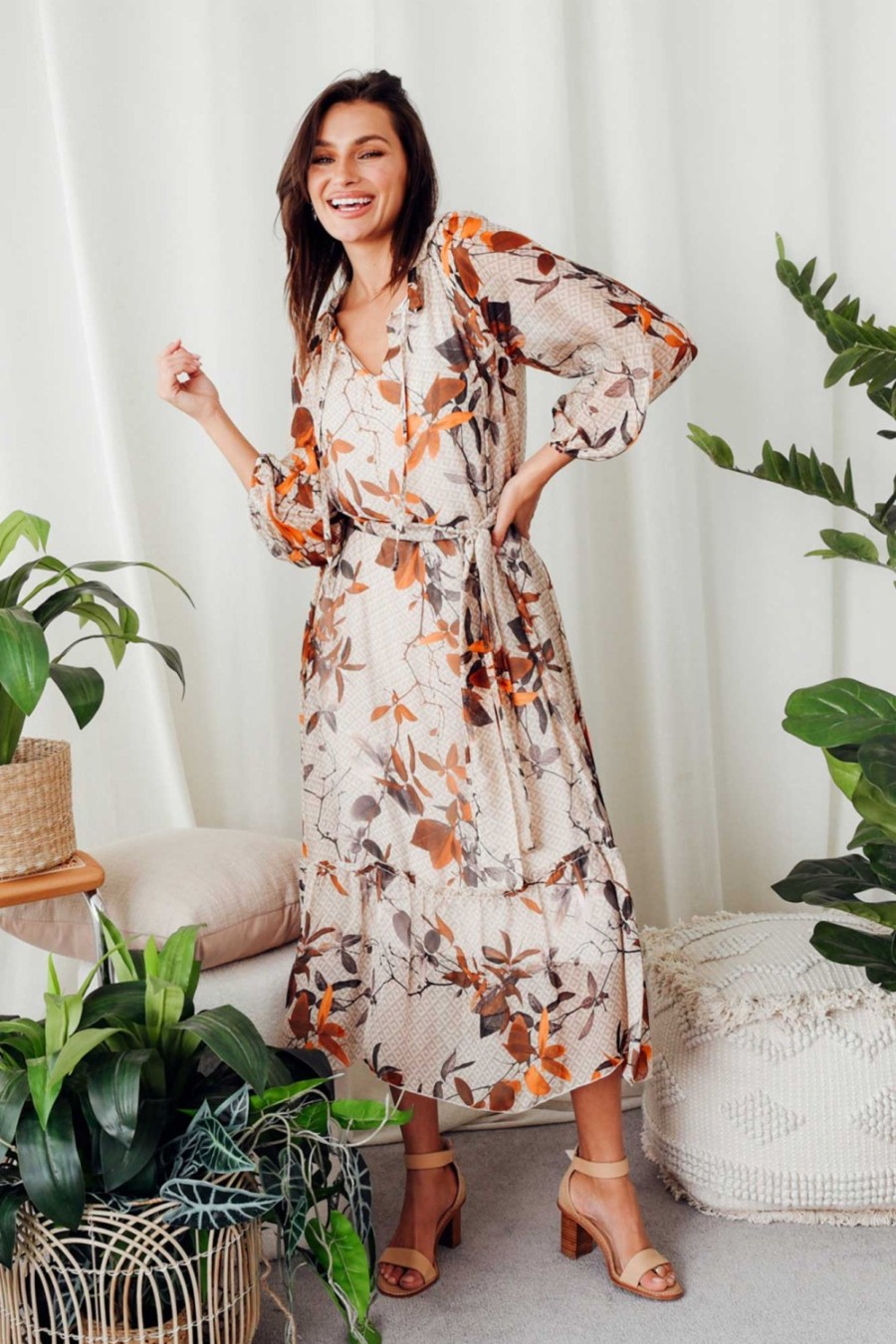 Clothing La Strada Maxi Dresses | Margo Rust Leaf Silk Maxi Dress