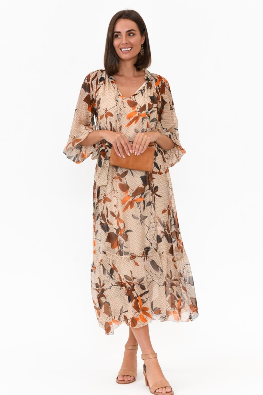 Clothing La Strada Maxi Dresses | Margo Rust Leaf Silk Maxi Dress