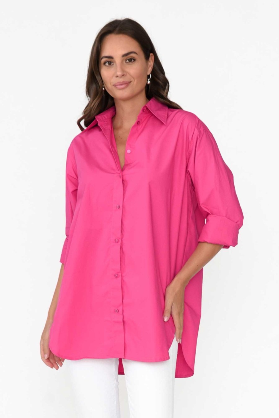 Clothing Ebby and I Cotton Tops | Verdel Hot Pink Cotton Shirt