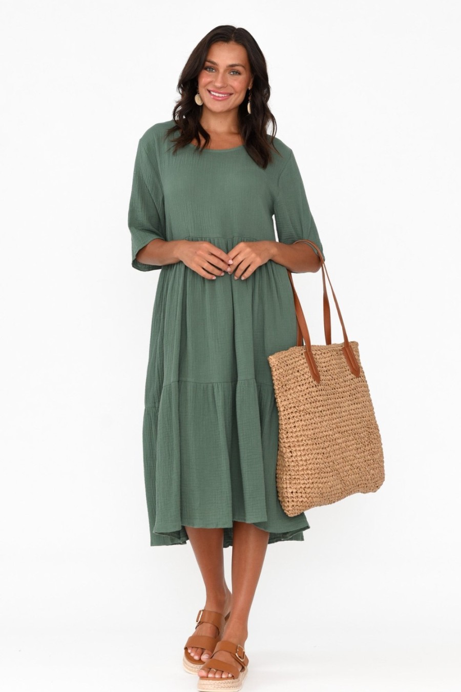 Clothing La Mode Cotton Dresses | Esmerelda Khaki Cotton Tier Dress