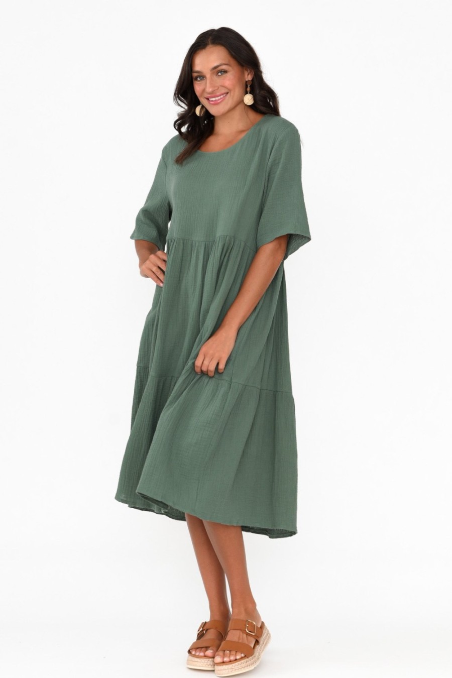 Clothing La Mode Cotton Dresses | Esmerelda Khaki Cotton Tier Dress