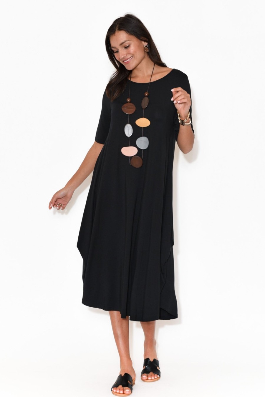 Clothing Tani Midi Dresses | Black Micro Modal Tri Drape Dress