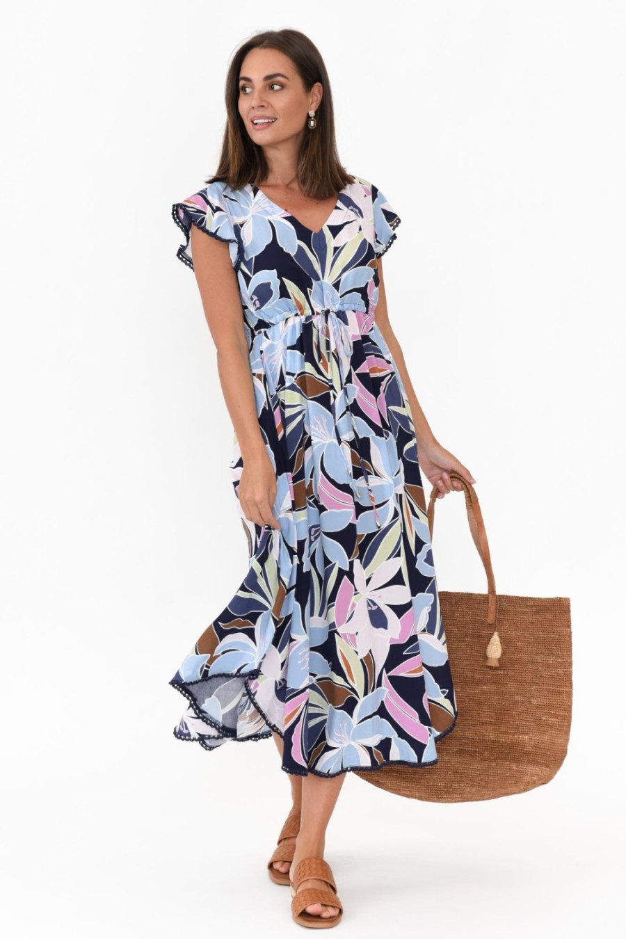 Clothing New U Collection Midi Dresses | Libby Navy Blossom Midi Dress