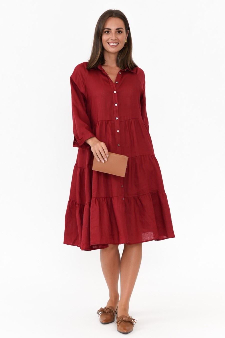 Clothing Worthier Linen Dresses | Hadley Red Linen Tiered Dress