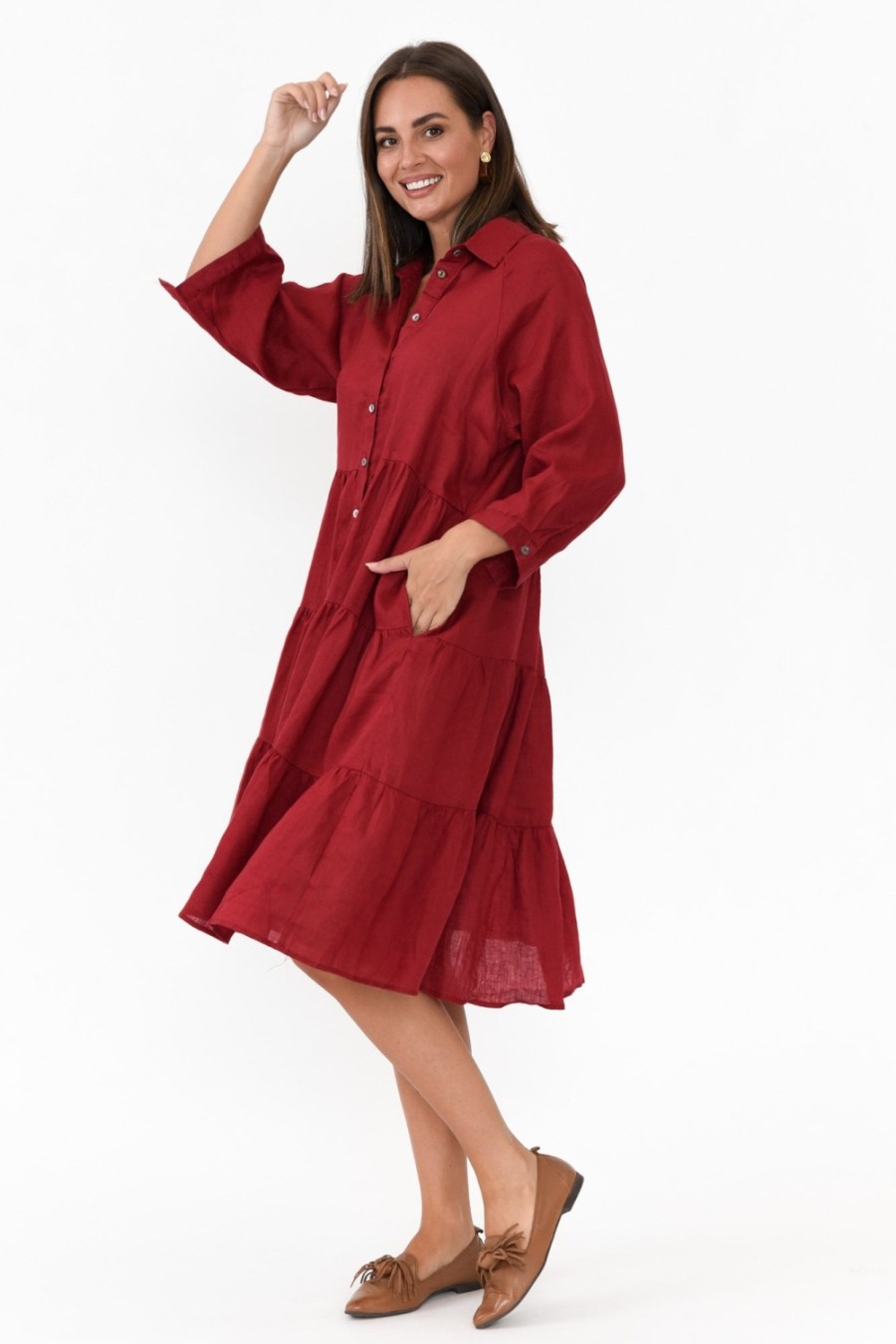 Clothing Worthier Linen Dresses | Hadley Red Linen Tiered Dress