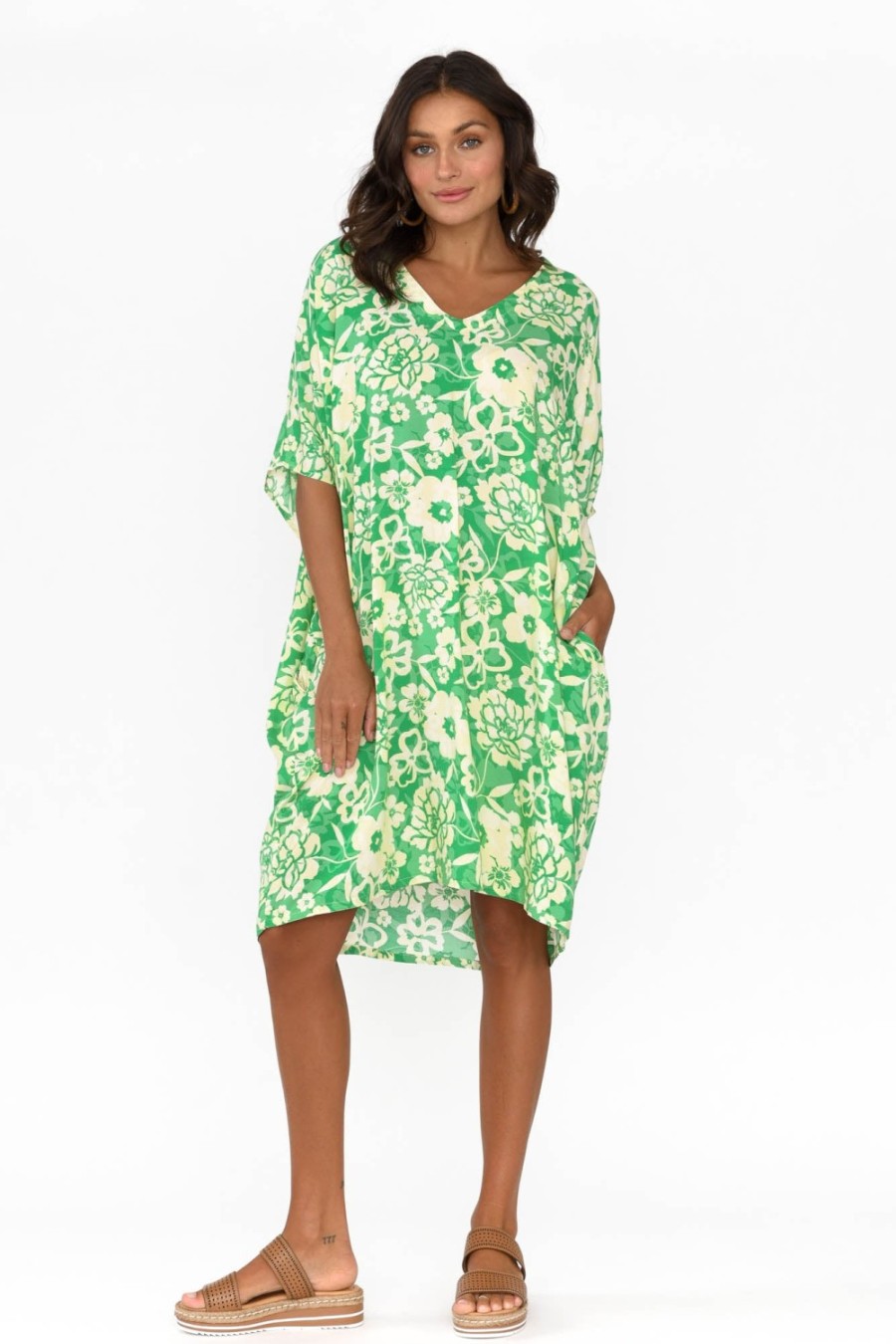 Clothing Isabella Boho Above Knee Dresses | Luce Green Flower Kaftan