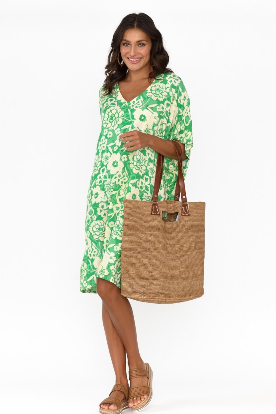 Clothing Isabella Boho Above Knee Dresses | Luce Green Flower Kaftan