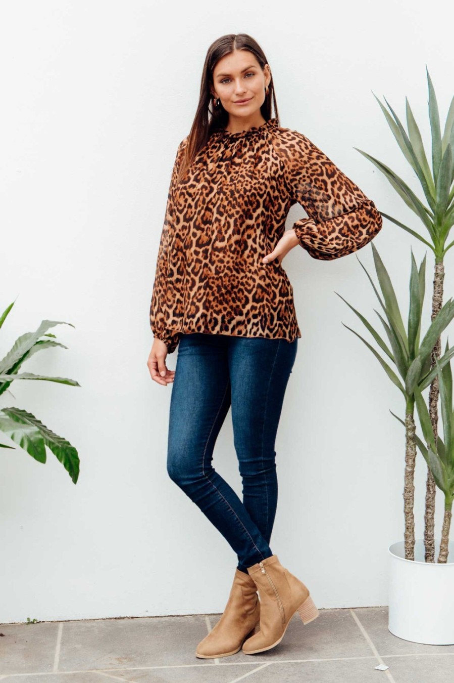 Clothing La Strada Sleeved Tops | Riley Leopard Silk Ruffle Top