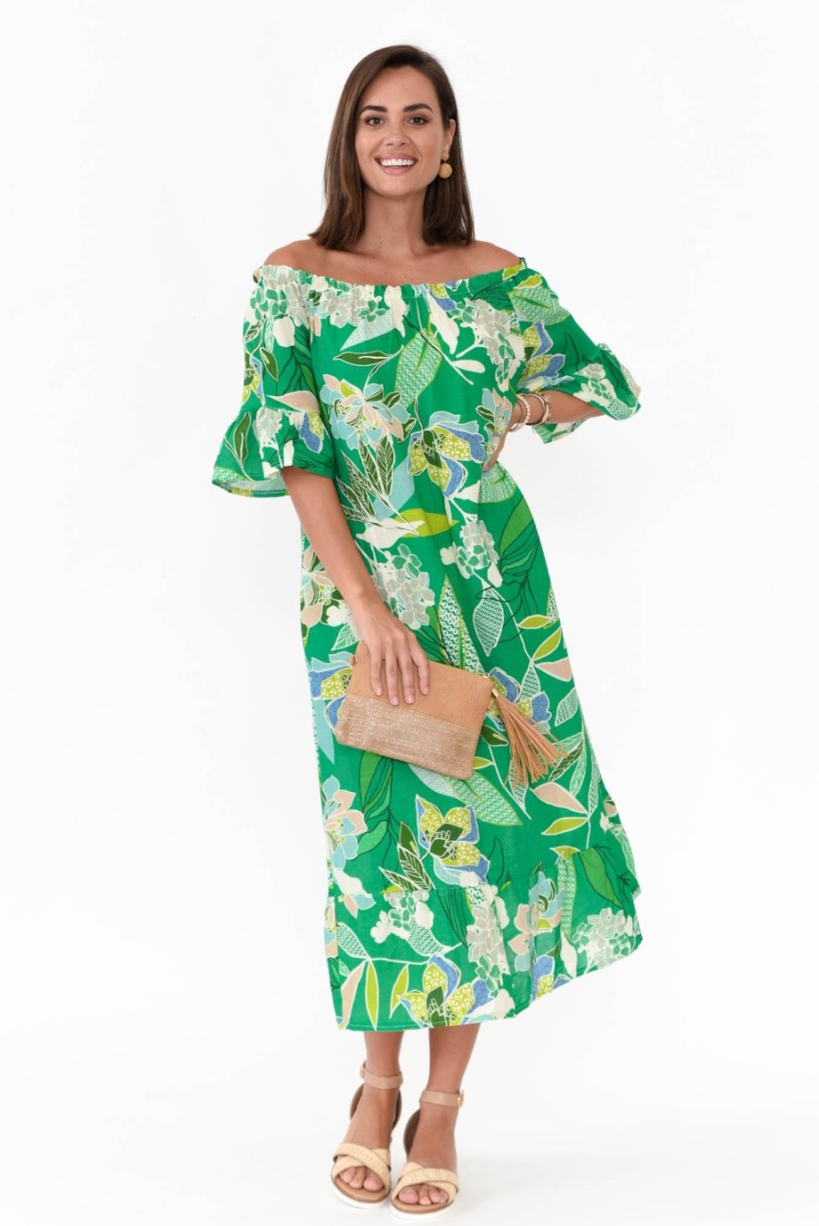 Clothing Rosa Jojo Cotton Dresses | Ornella Green Tropical Linen Cotton Dress