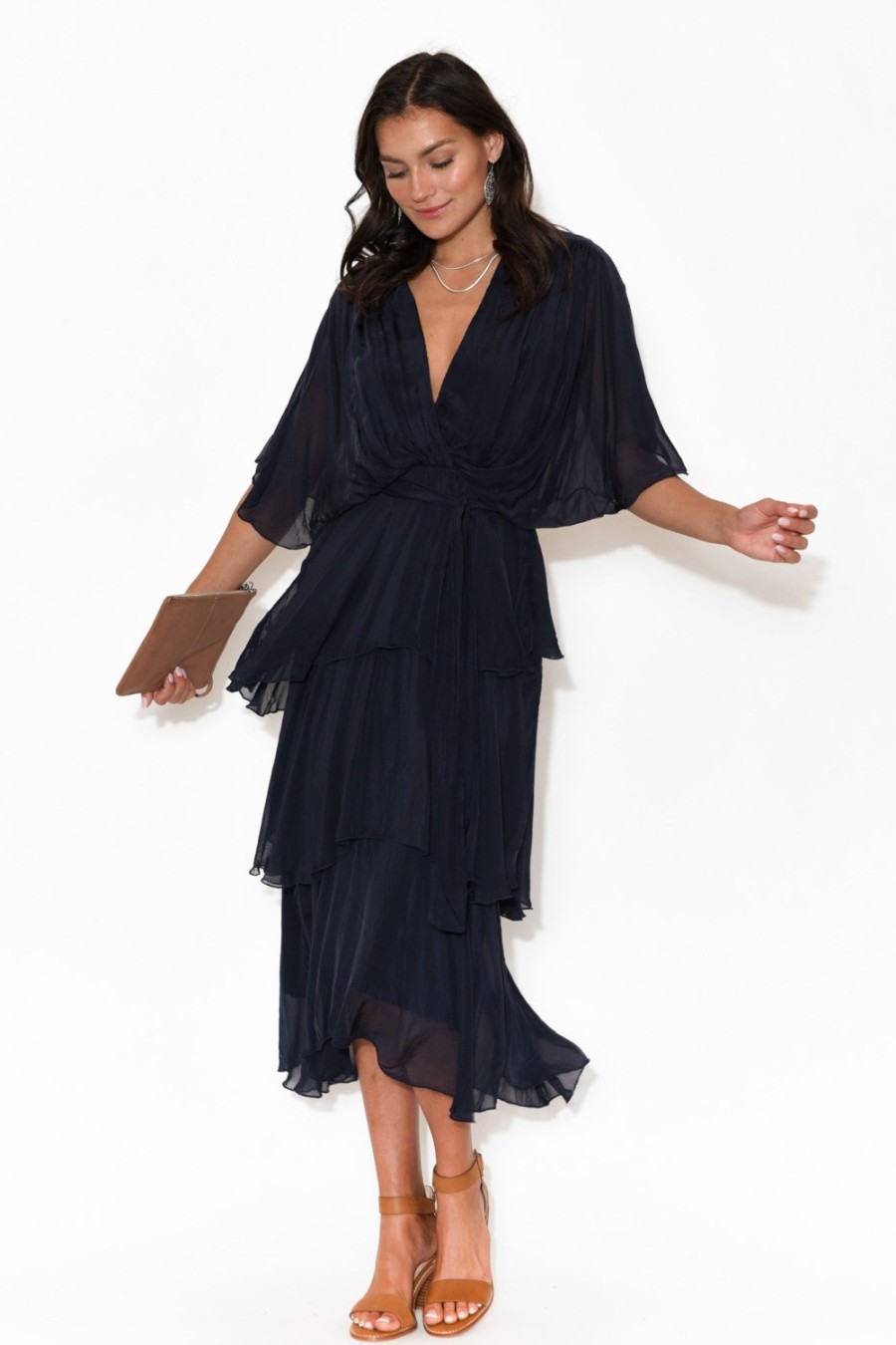 Clothing La Strada Midi Dresses | Natalie Navy Silk Layer Dress