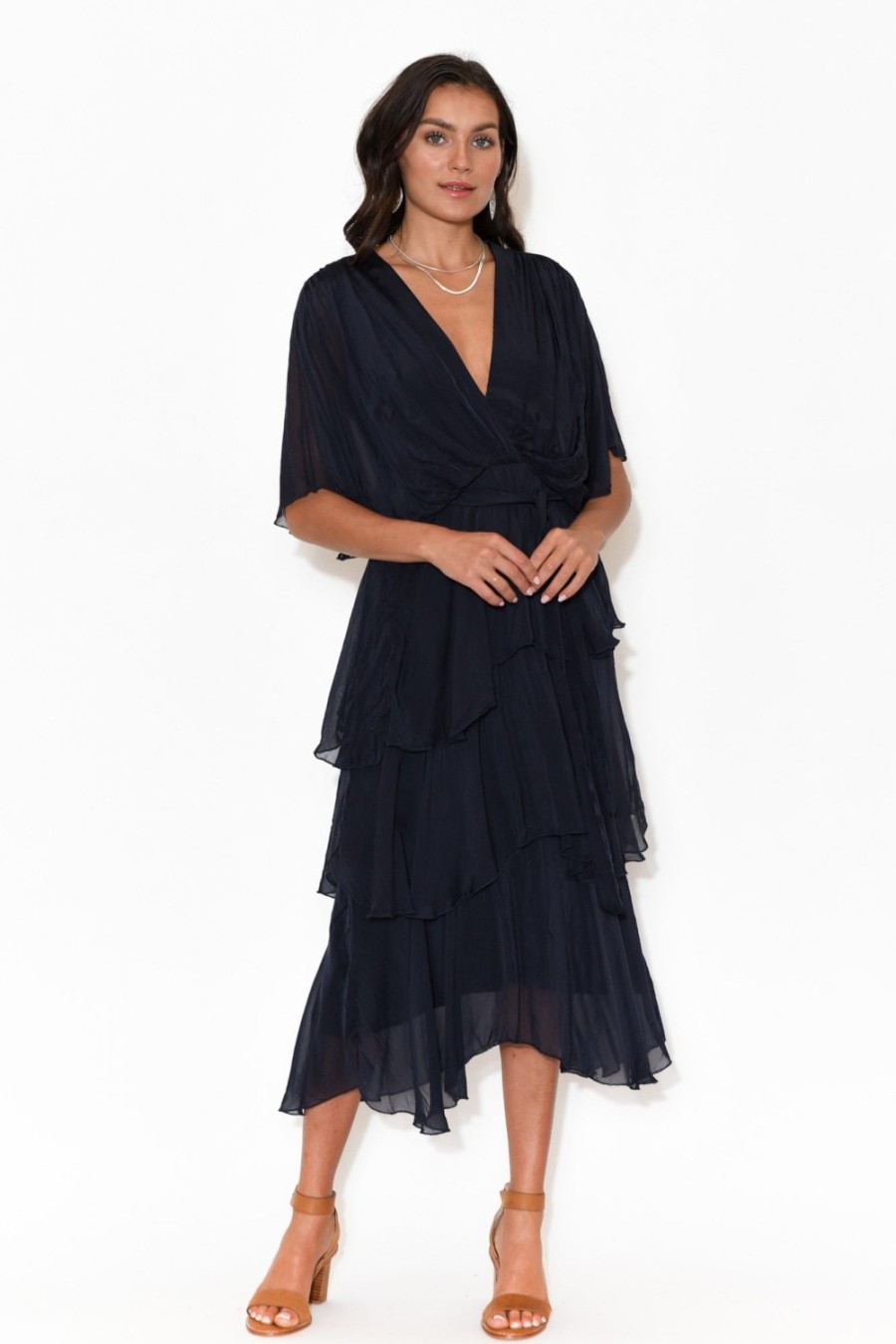 Clothing La Strada Midi Dresses | Natalie Navy Silk Layer Dress