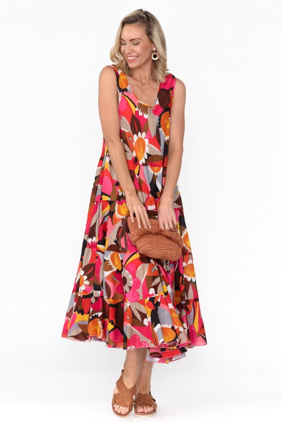 Clothing Mozaic Cotton Dresses | Daydream Pink Abstract Cotton Midi Dress