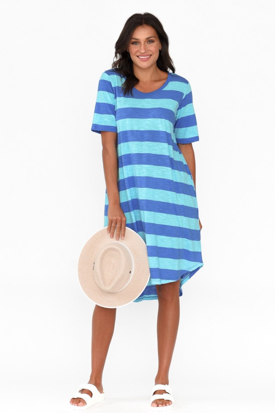 Clothing Betty Basics Cotton Dresses | Nyree Aqua Stripe Hi Lo Cotton Dress