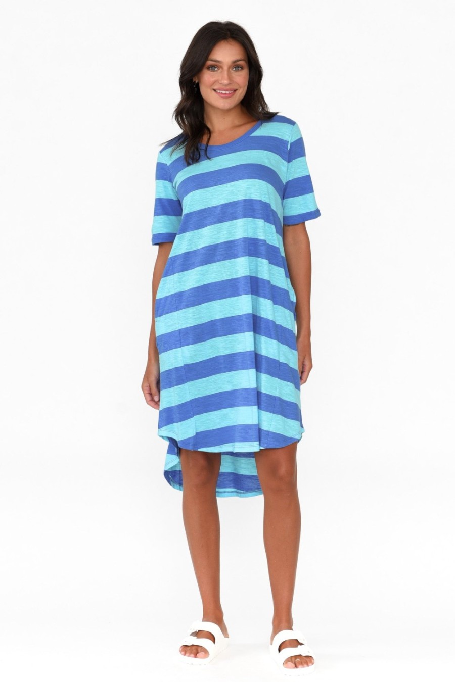 Clothing Betty Basics Cotton Dresses | Nyree Aqua Stripe Hi Lo Cotton Dress