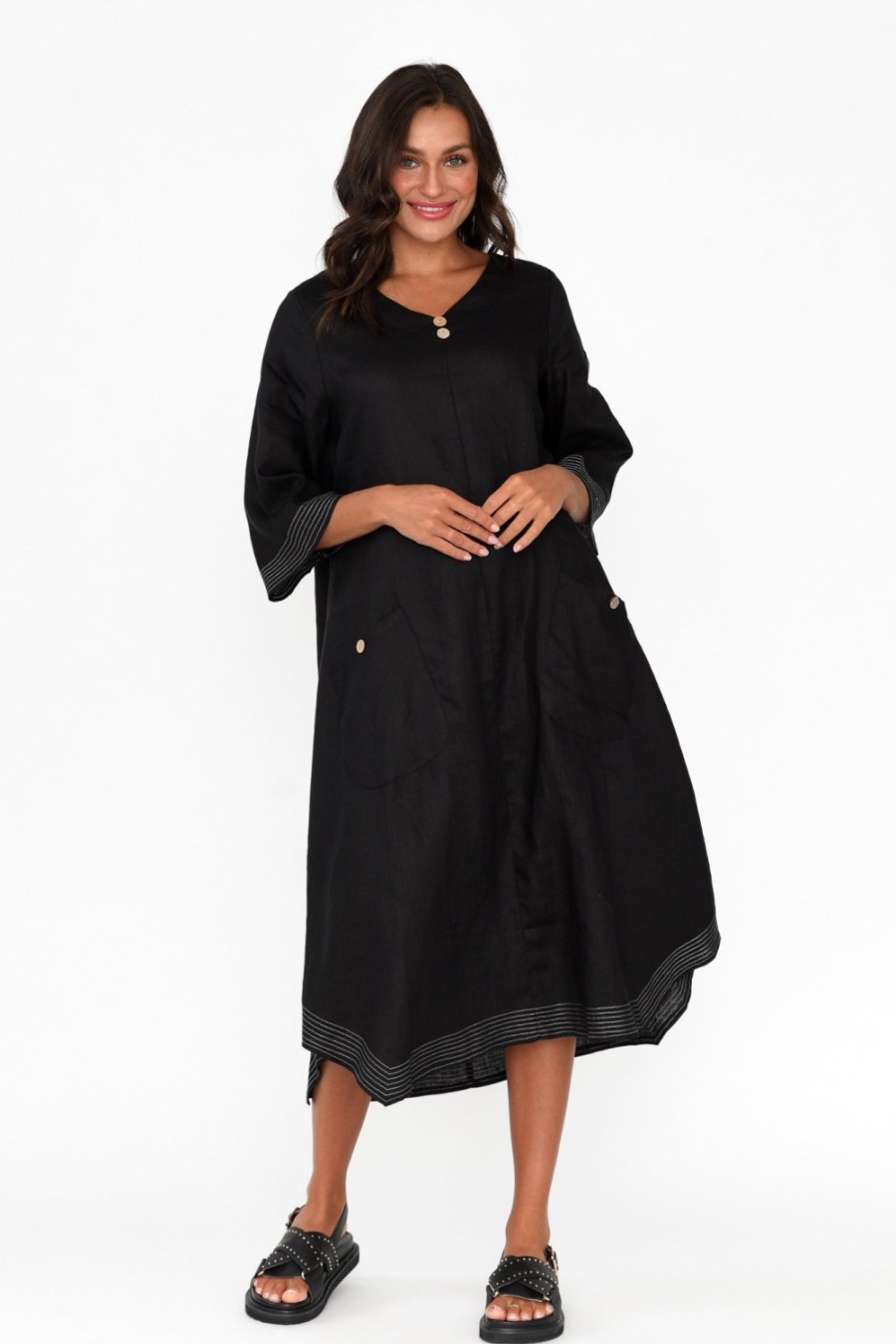 Clothing Cali and Co Linen Dresses | Lolita Black Linen Pocket Dress