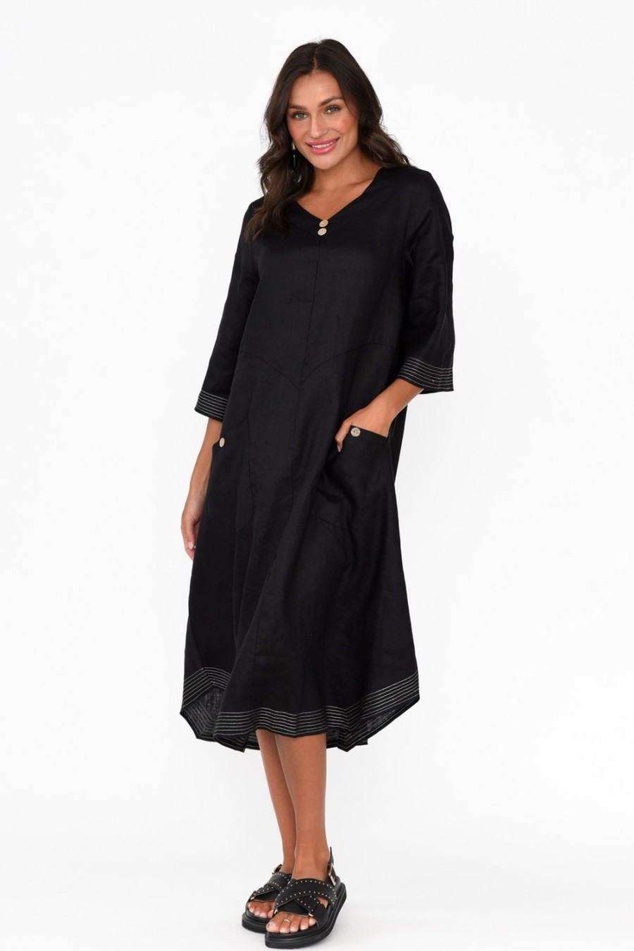 Clothing Cali and Co Linen Dresses | Lolita Black Linen Pocket Dress