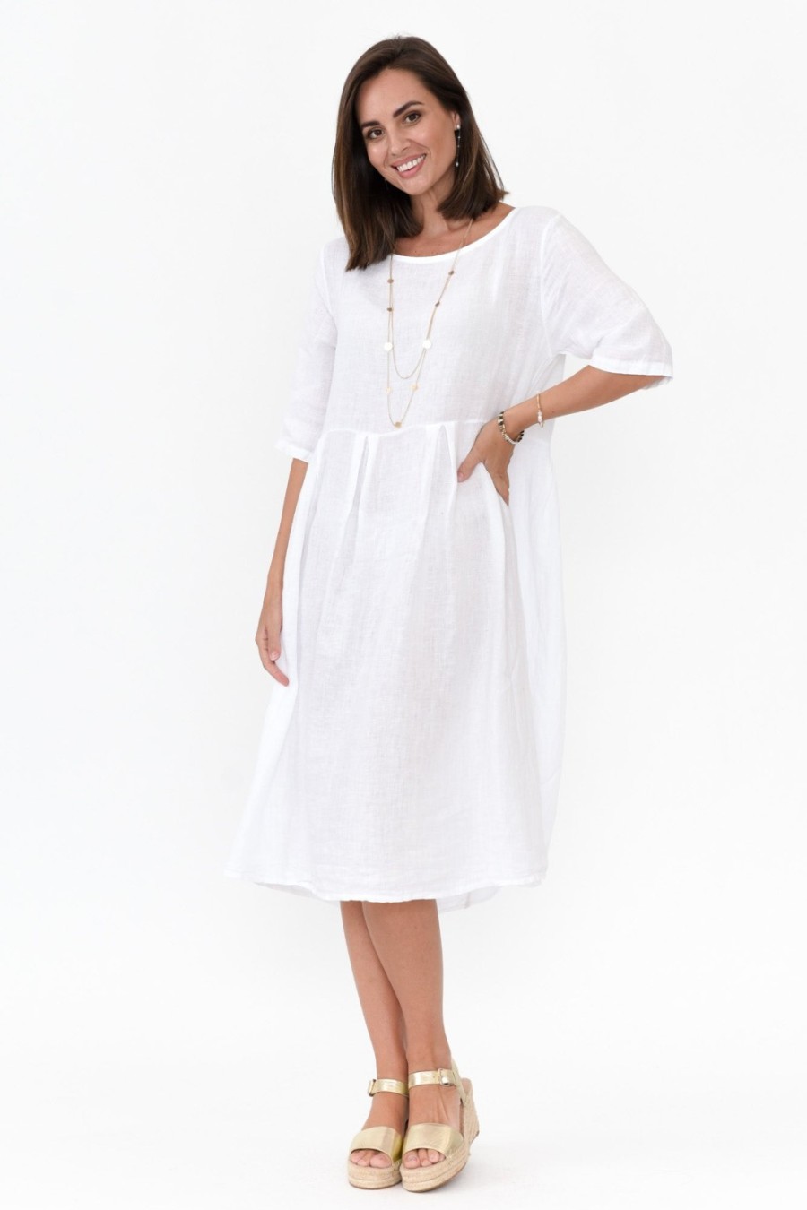 Clothing Donna Donna Linen Dresses | Davina White Linen Swing Dress