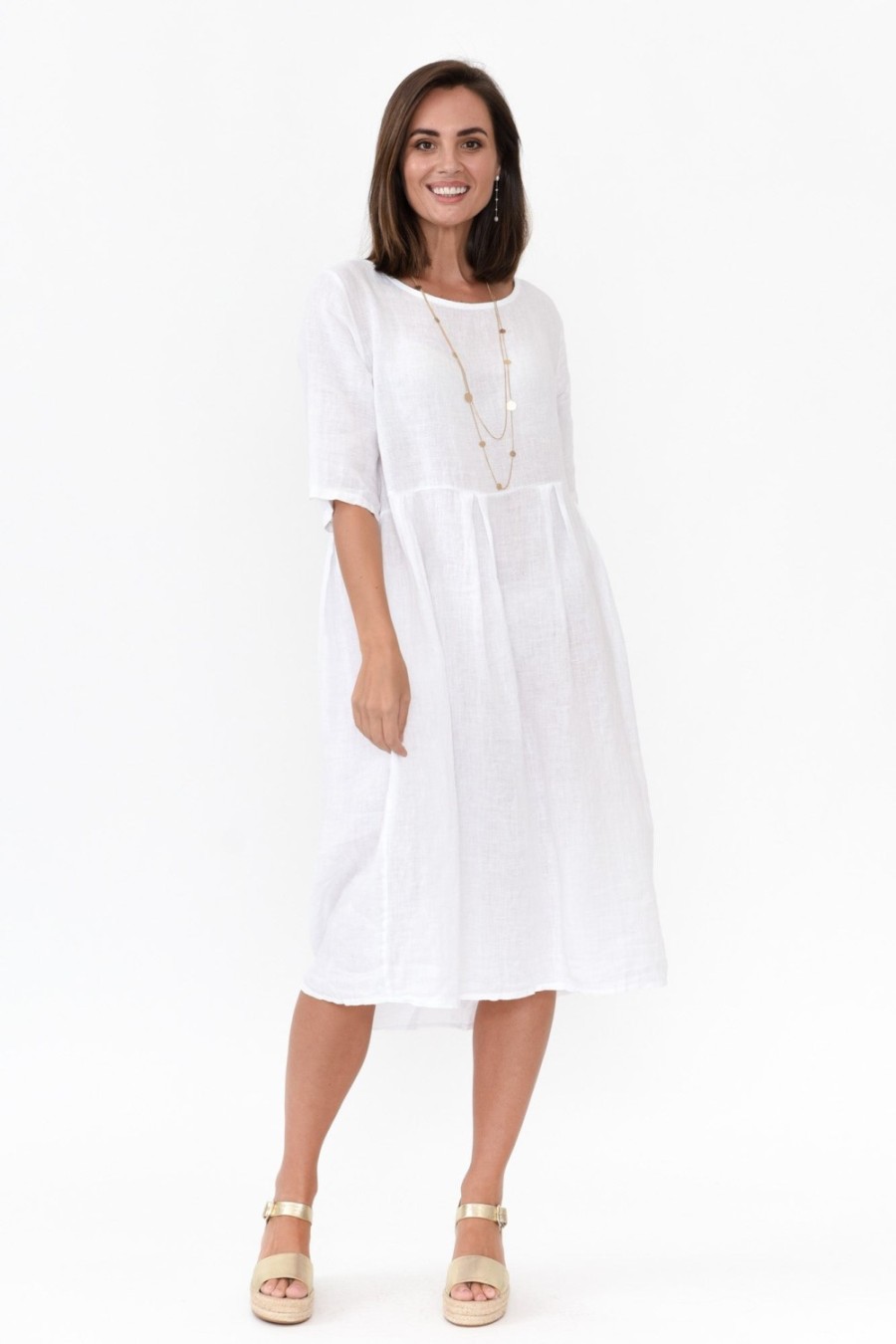 Clothing Donna Donna Linen Dresses | Davina White Linen Swing Dress